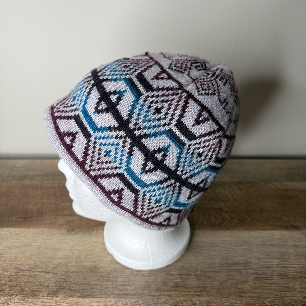 COLUMBIA Unisex Vintage Fair Isle Wool Blend Knit Beanie Toque Grey Blue Maroon - Picture 6 of 12